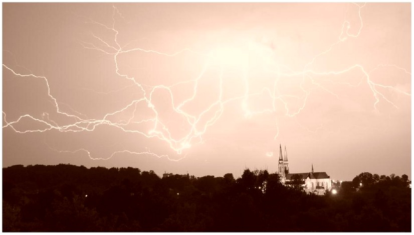 Lightnings over saint Joachim church, Sosnowiec, Poland